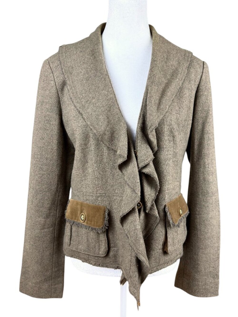 Cabi Wool Blend Jacket Brown Front Ruffle Velvet Trim Pockets (8)